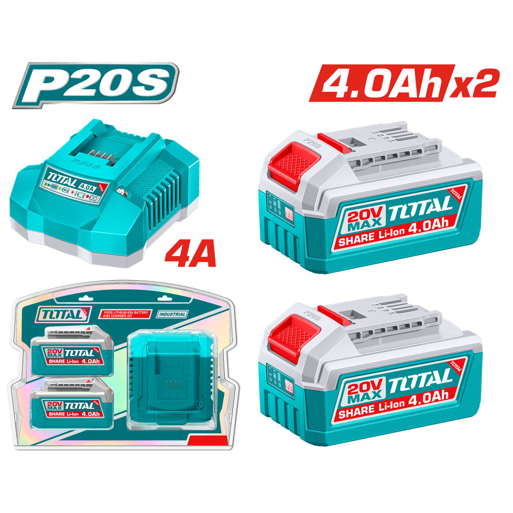 Комплект акумулаторни батерии и зарядно TOTAL INDUSTRIAL, 20 V, 2 x 4.0 Ah, 3 части