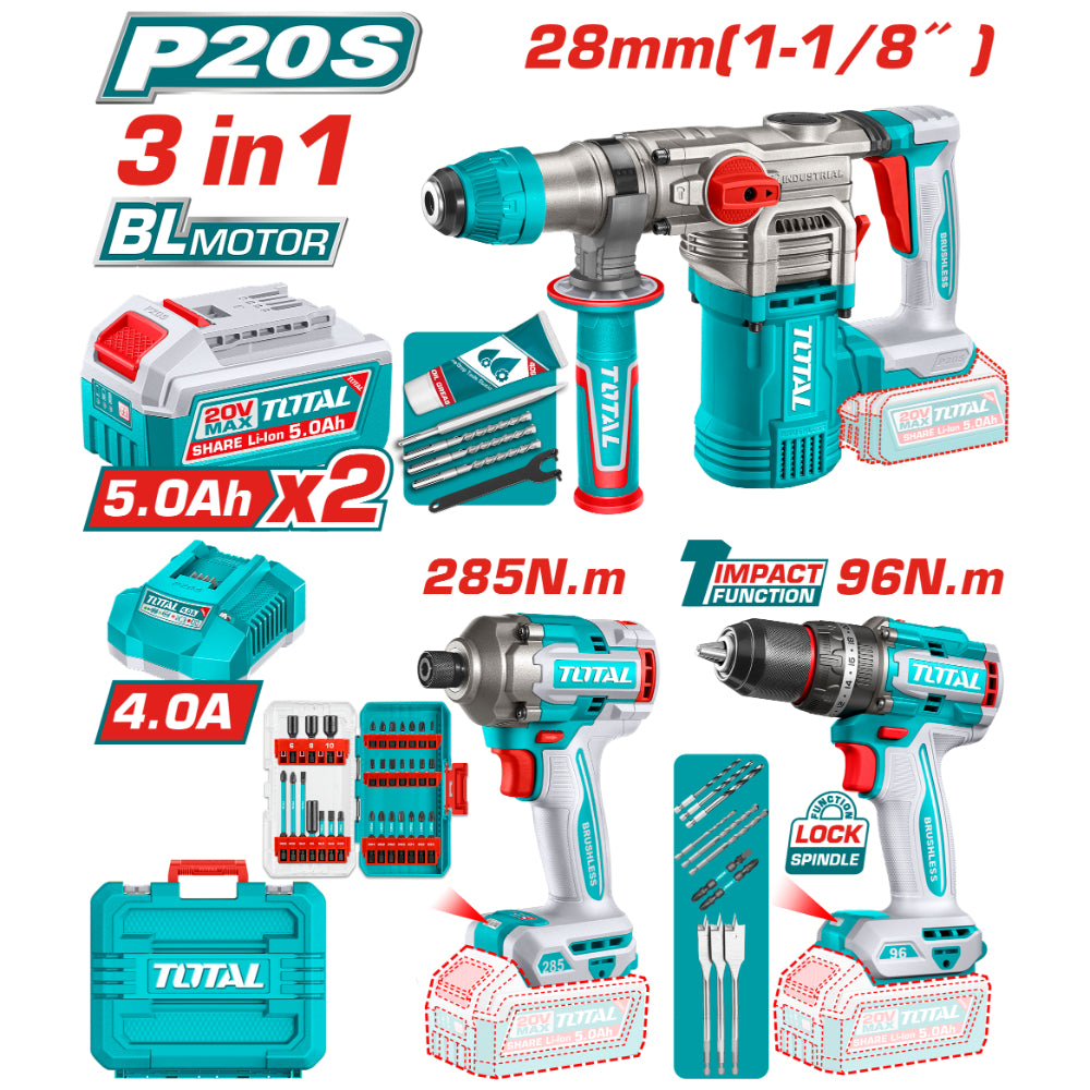 Комплект акумулаторни инструменти TOTAL TOSLI250693E, 20 V, 2 x 5 Ah