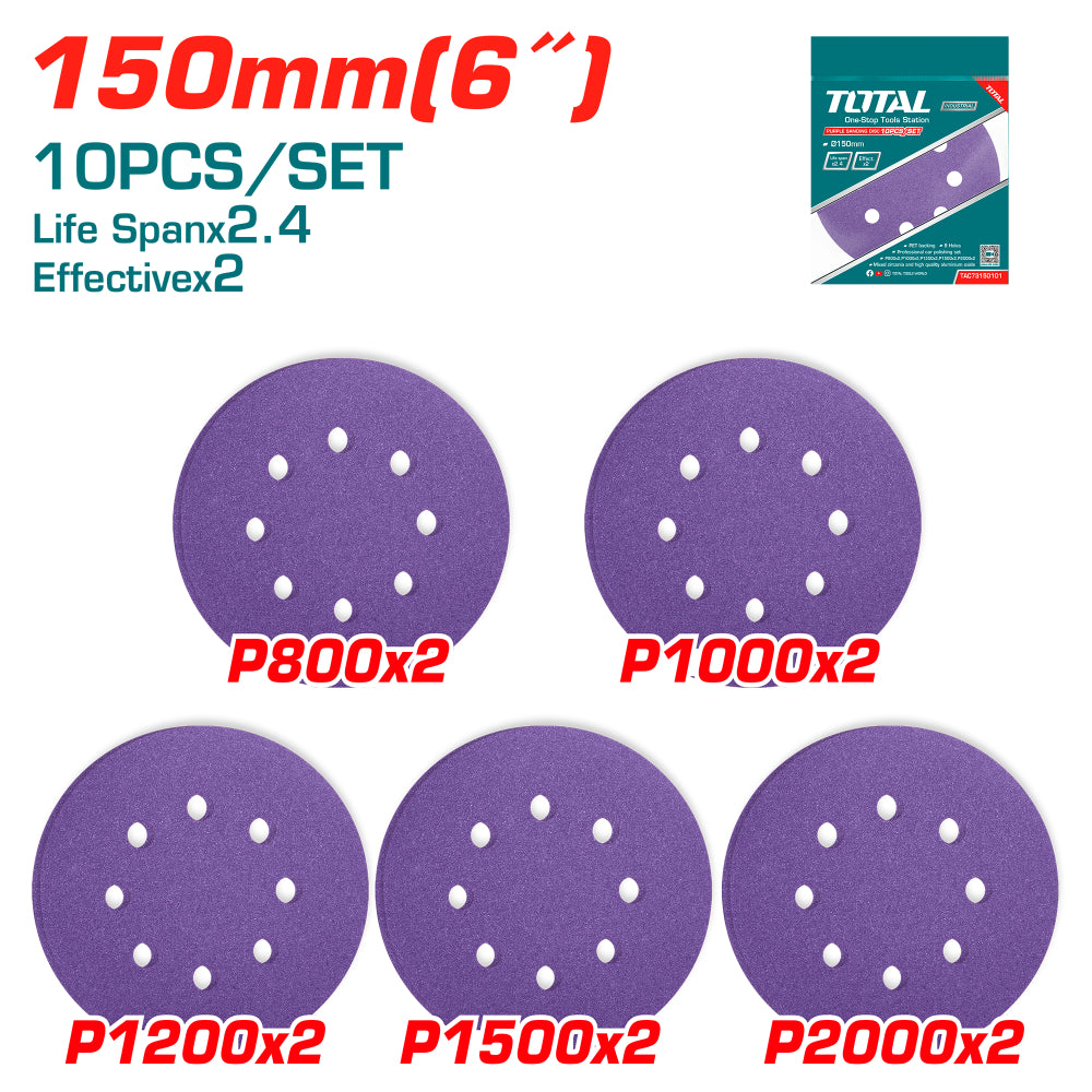 Фибър диск TOTAL Industrial, велкро, 8 отвора, Ф 150 мм, Р800 - Р2000, 10 броя
