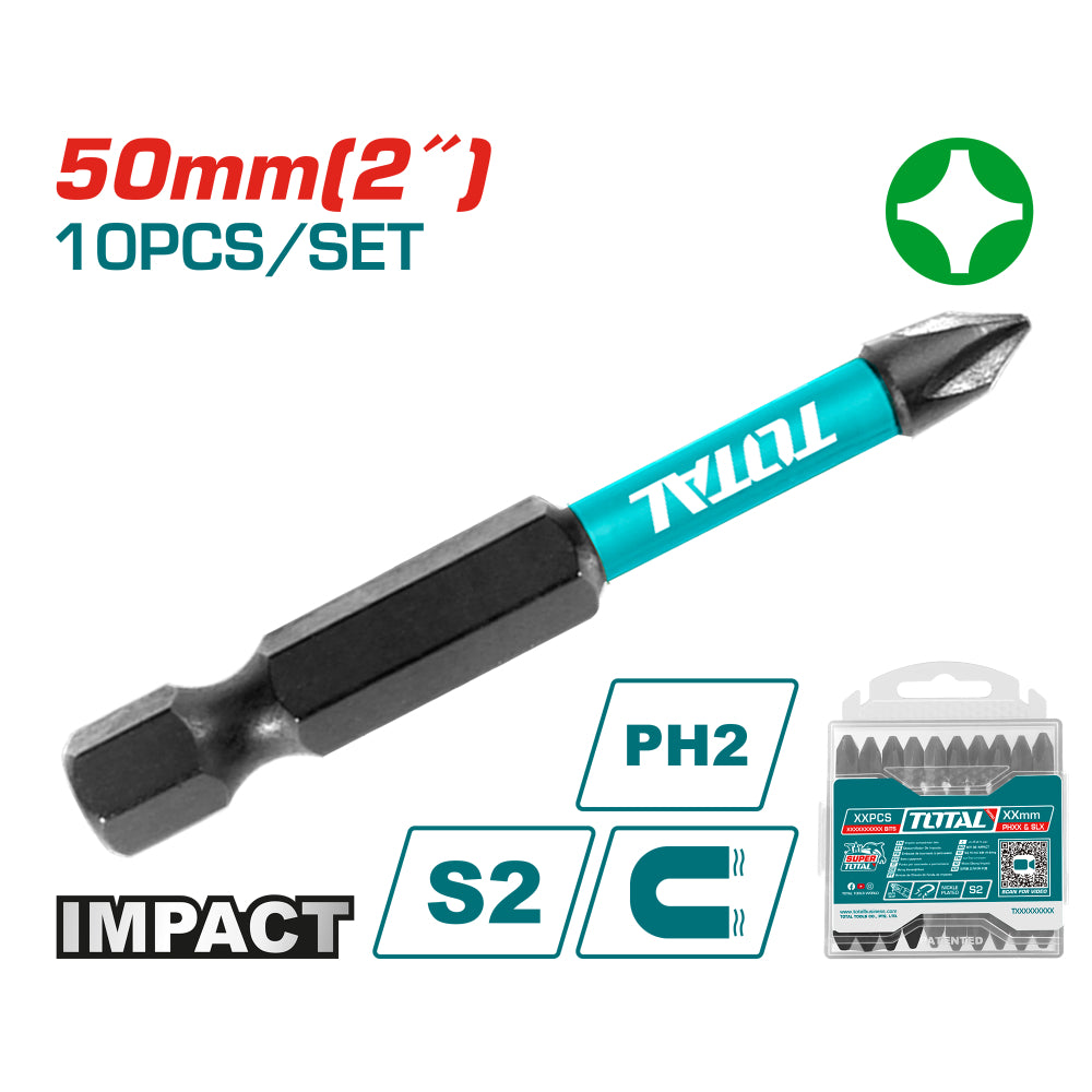 Комплект битове TOTAL Industrial, Impact, PH2 x 50 мм, 10 части