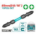 Комплект битове TOTAL Industrial, Impact, PH2 + PH2 x 65 мм, 10 части