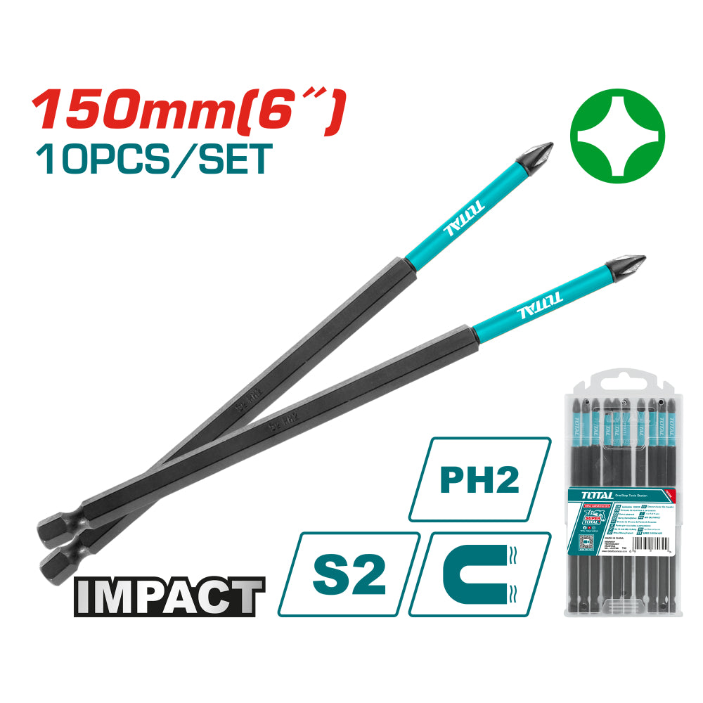 Комплект битове TOTAL Industrial, Impact, PH2 x 150 мм, 10 части