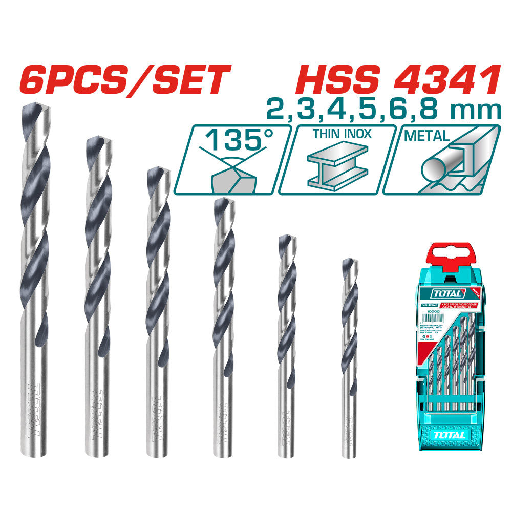 Комплект свредла TOTAL, HSS, 6 броя, Ø2 - Ø8 mm