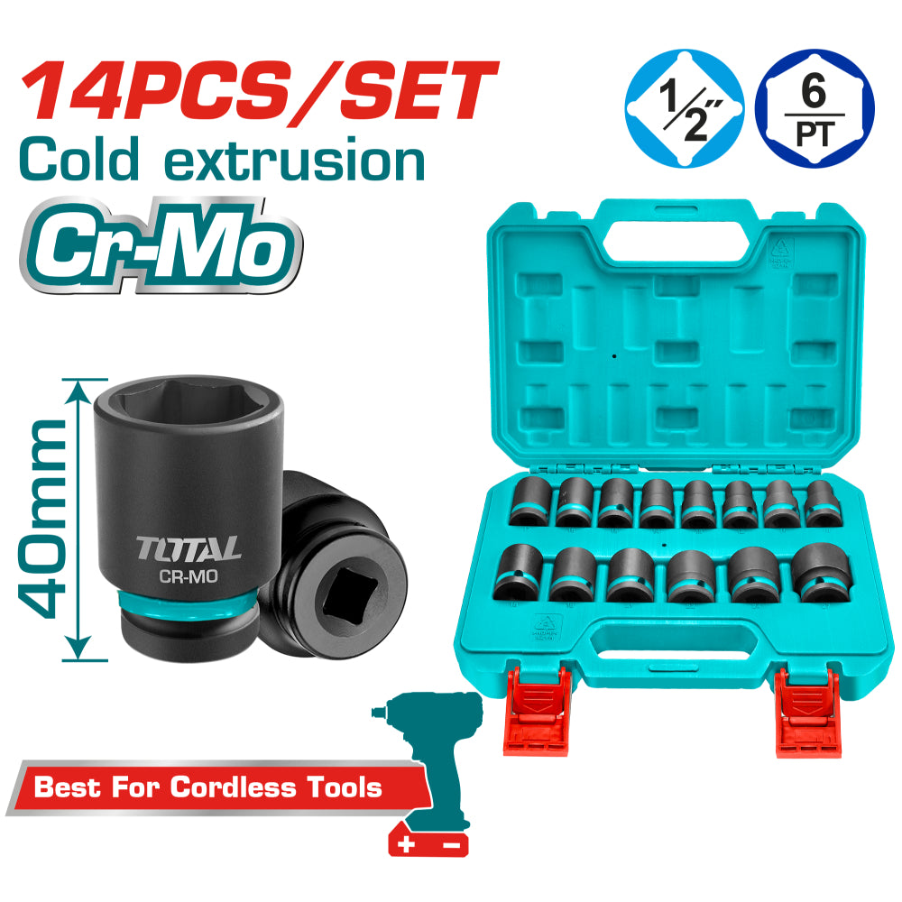Комплект шестостенни ударни вложки TOTAL INDUSTRIAL, 1/2", 14 части