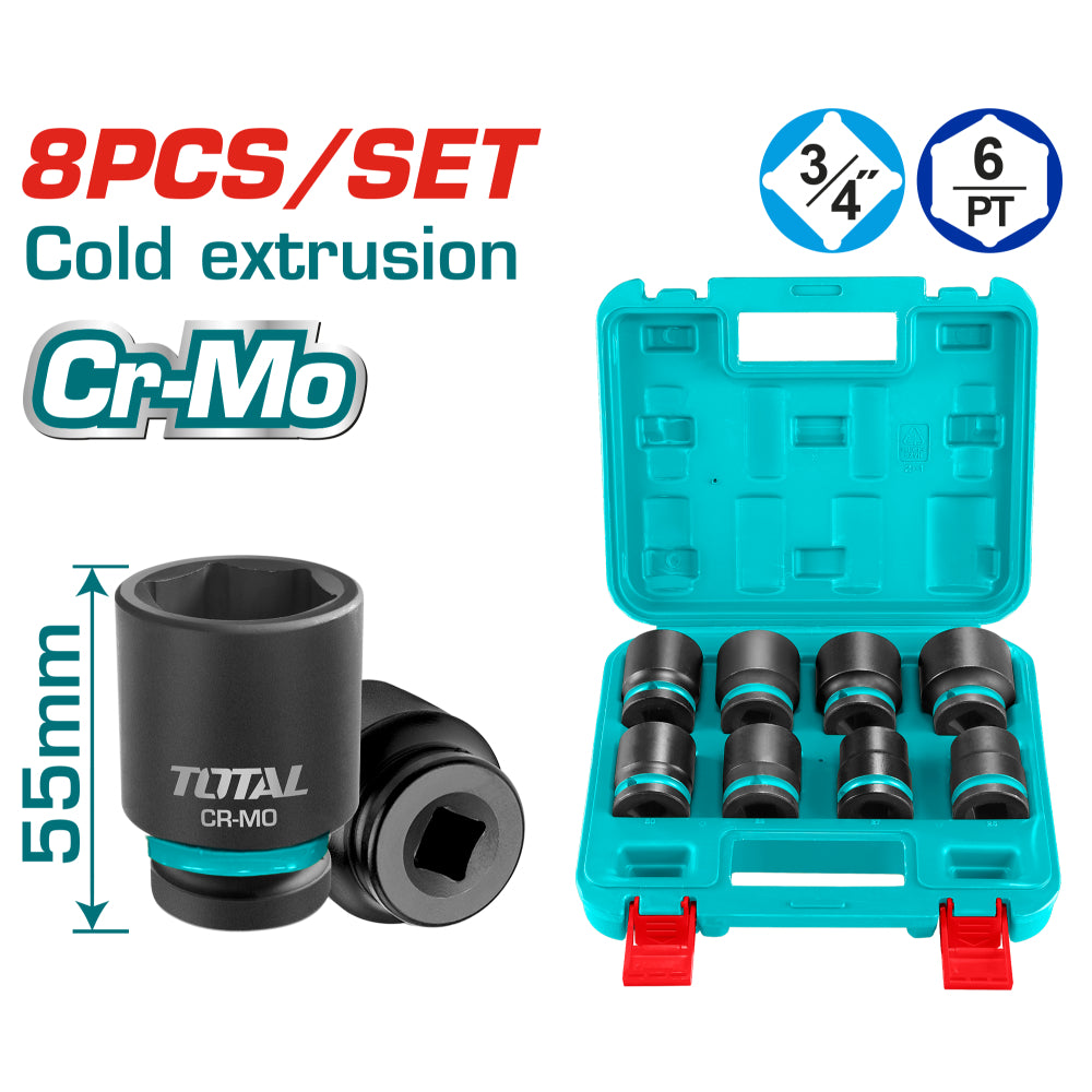 Комплект шестостенни ударни вложки TOTAL, CrMo, 3/4", 8 части