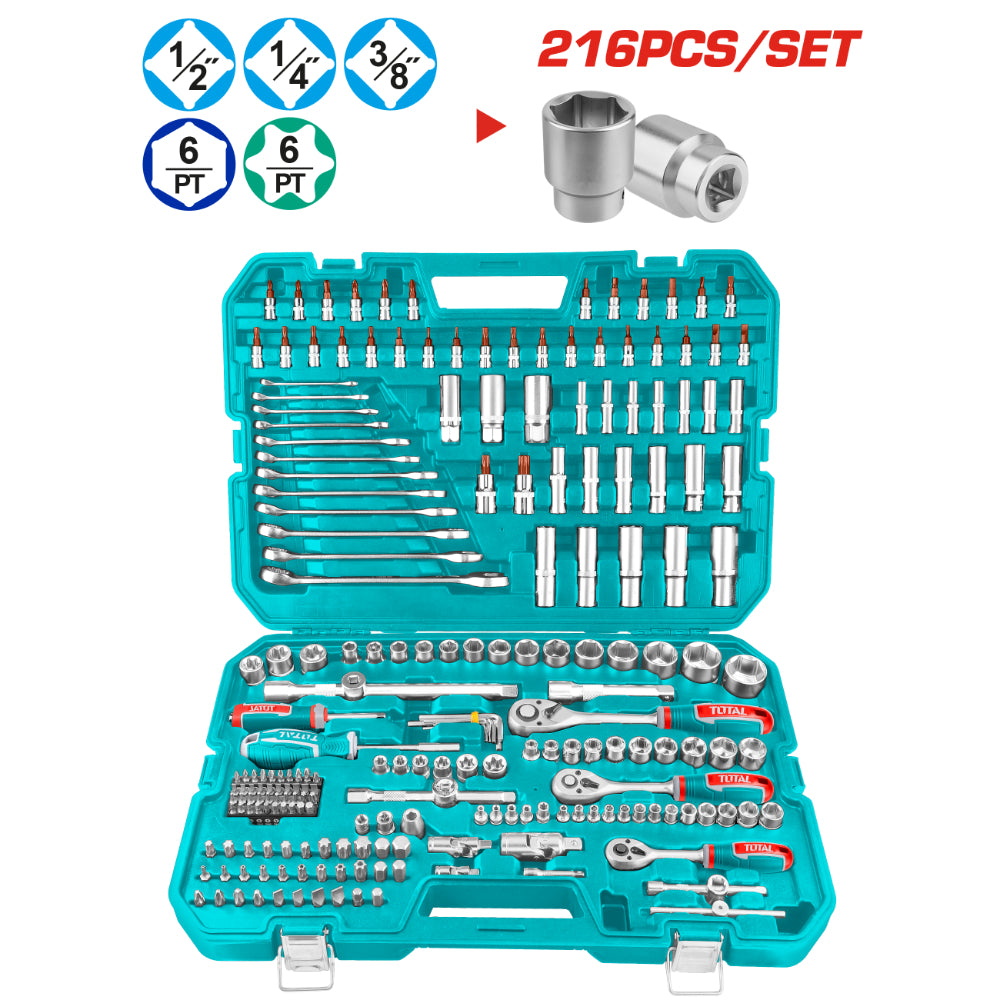 Комплект инструменти TOTAL INDUSTRIAL, 1/4"+ 3/8"+ 1/2", 216 части