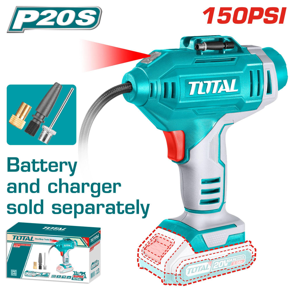 Акумулаторен компресор за гуми TOTAL, 20 V, 150 PSI, без батерия