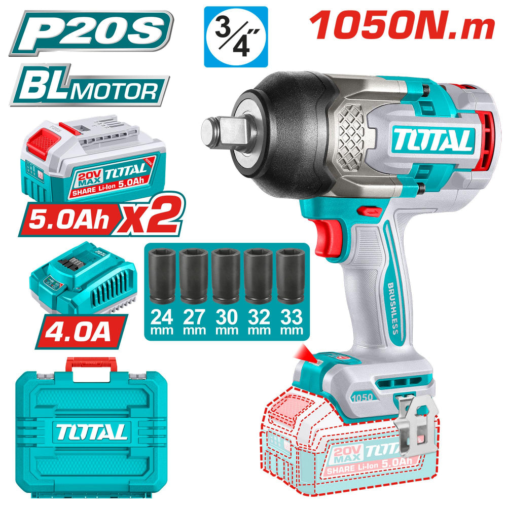 Акумулаторен ударен безчетков гайковерт TOTAL INDUSTRIAL, 3/4", 20 V, 1050 Nm, 2 x 5 Ah