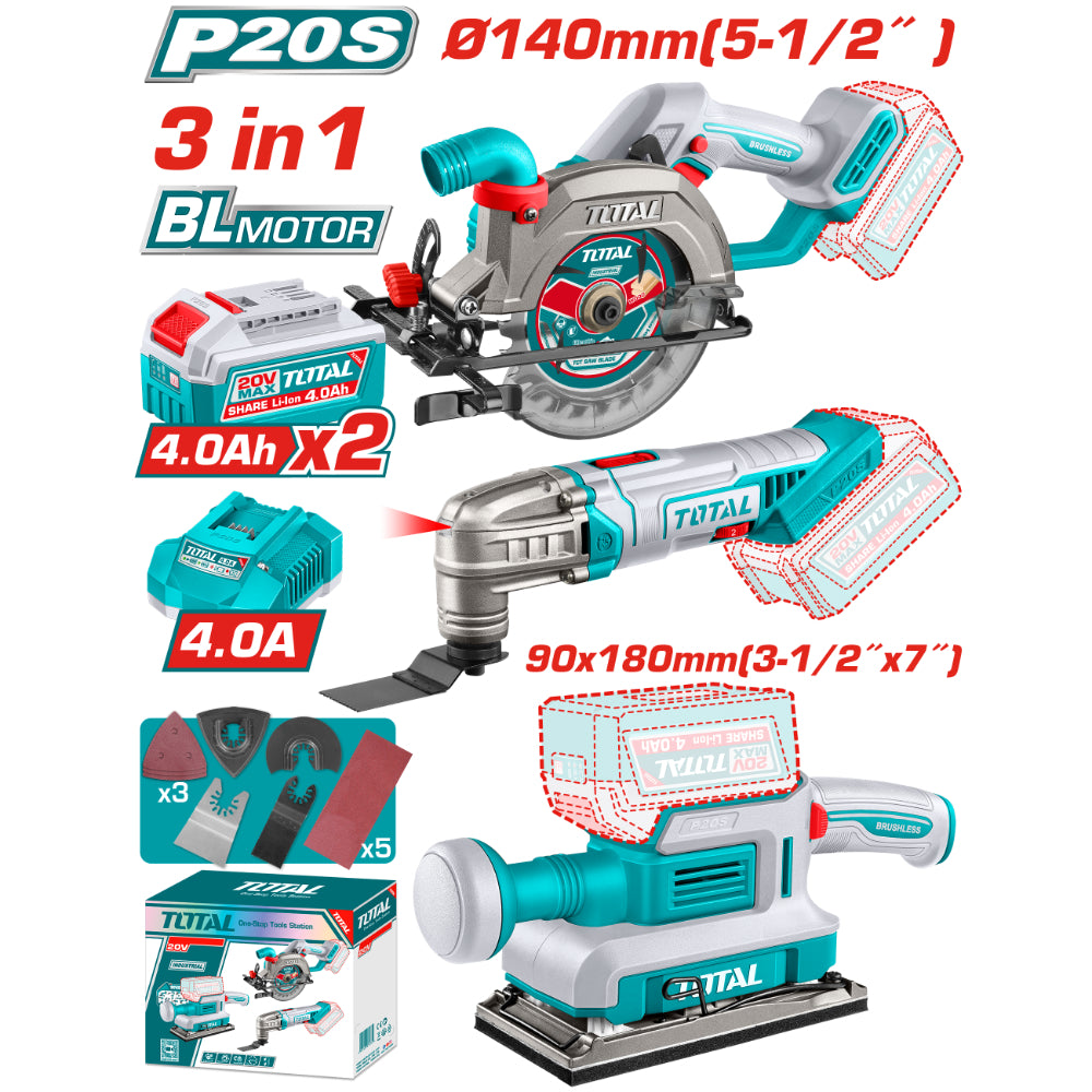 Комплект акумулаторни инструмени TOTAL TOSLI250781E, 20 V, 2 x 4 Ah