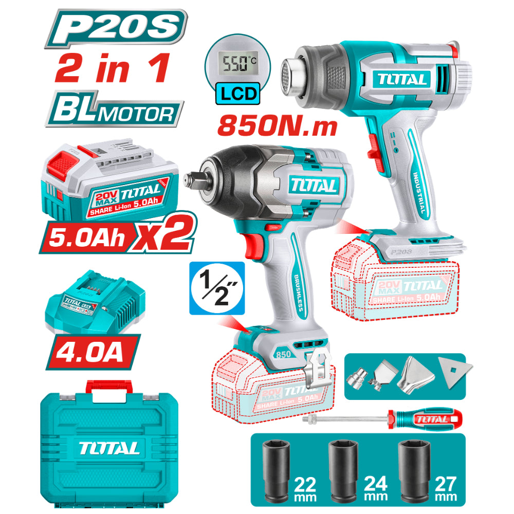 Комплект акумулаторни инструменти TOTAL TOSLI250983E, 20 V, 2 x 5 Ah