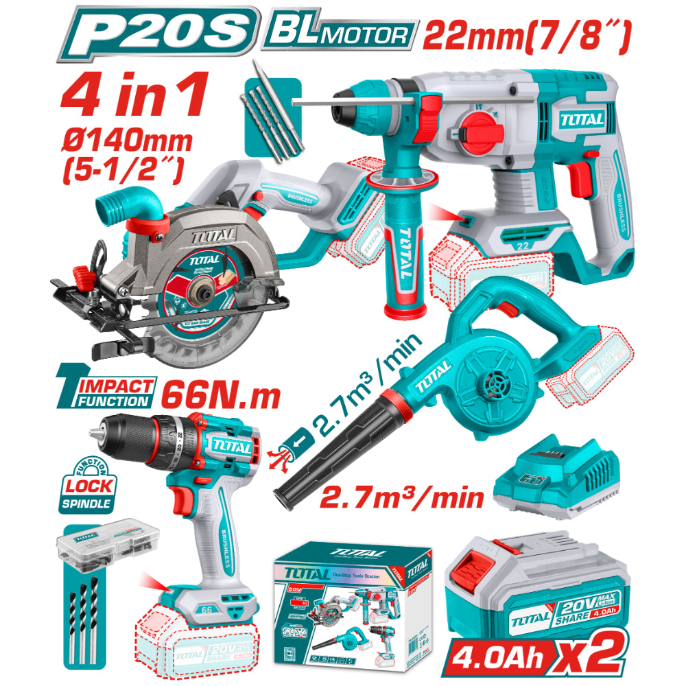 Комплект акумулаторни инструменти TOTAL TOSLI250695E, 20 V, 2 x 4 Ah