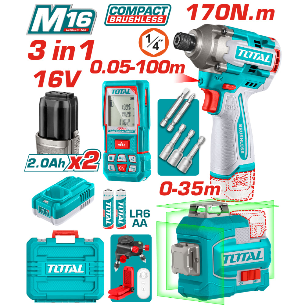 Комплект акумулаторни инструменти TOTAL TOSLI250886E, 16 V, 2 x 2 Ah