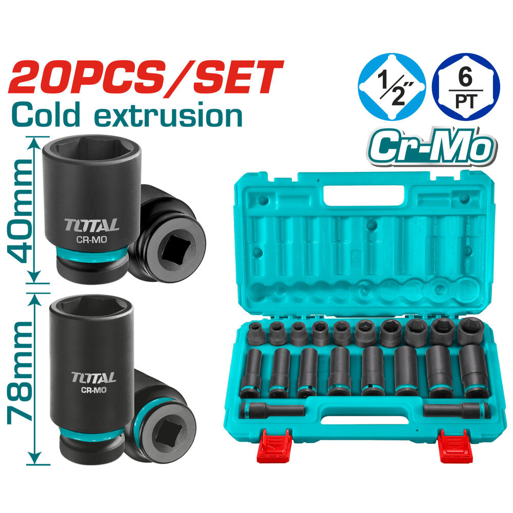 Комплект шестостенни ударни вложки TOTAL INDUSTRIAL, 1/2", 20 части