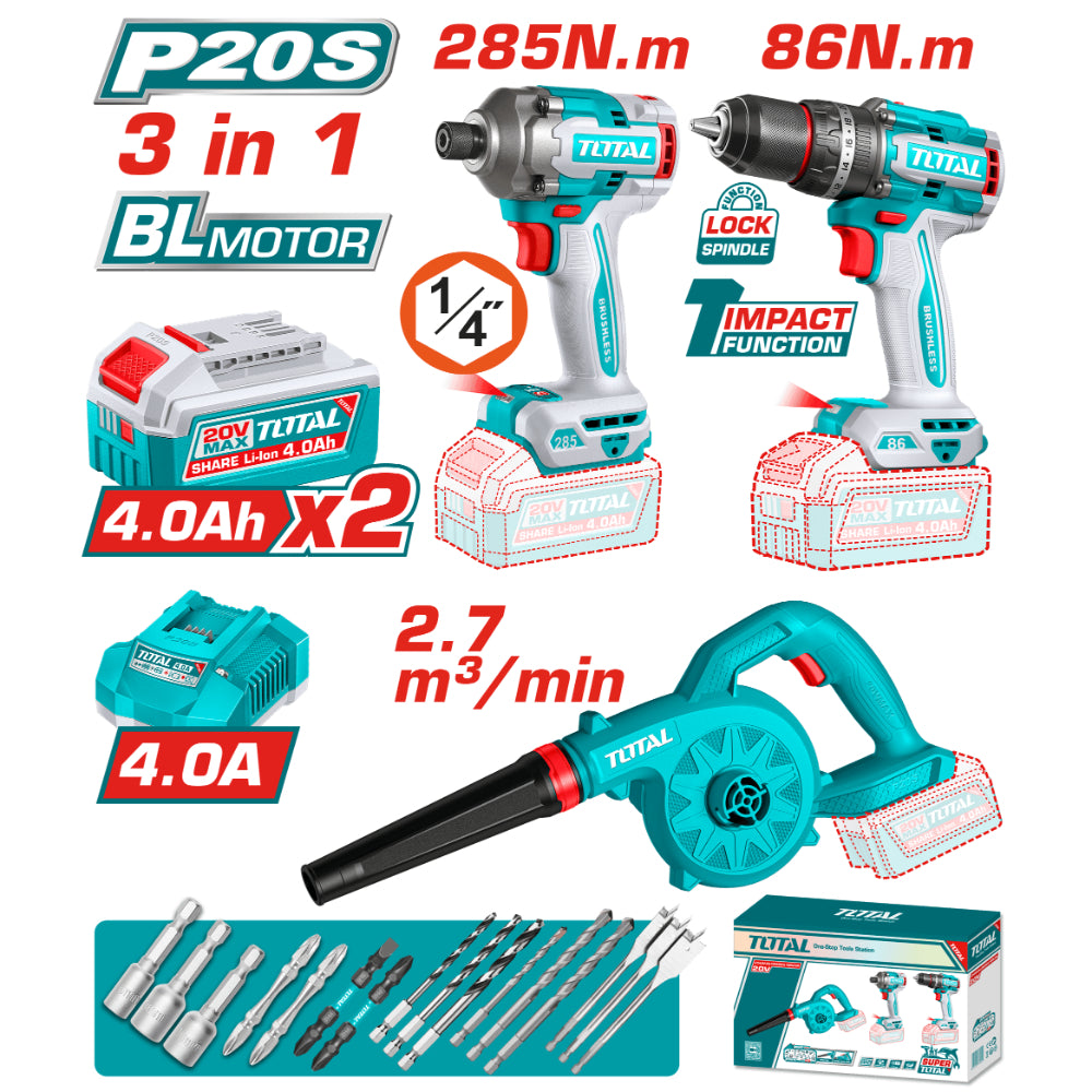 Комплект акумулаторни инструменти TOTAL TOSLI250883E, 20 V, 2 x 4 Ah