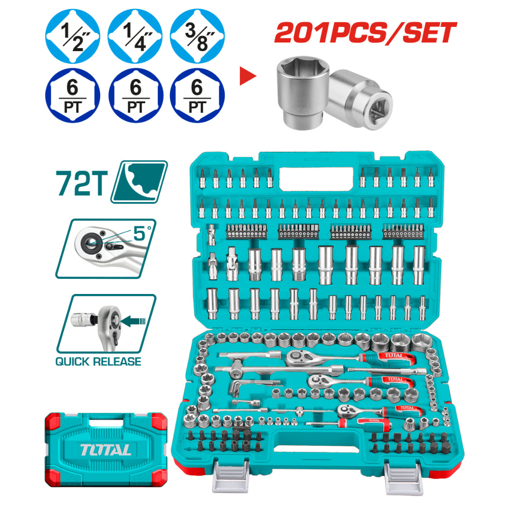 Комплект инструменти TOTAL INDUSTRIAL, 1/4"+ 3/8"+ 1/2", 201 части
