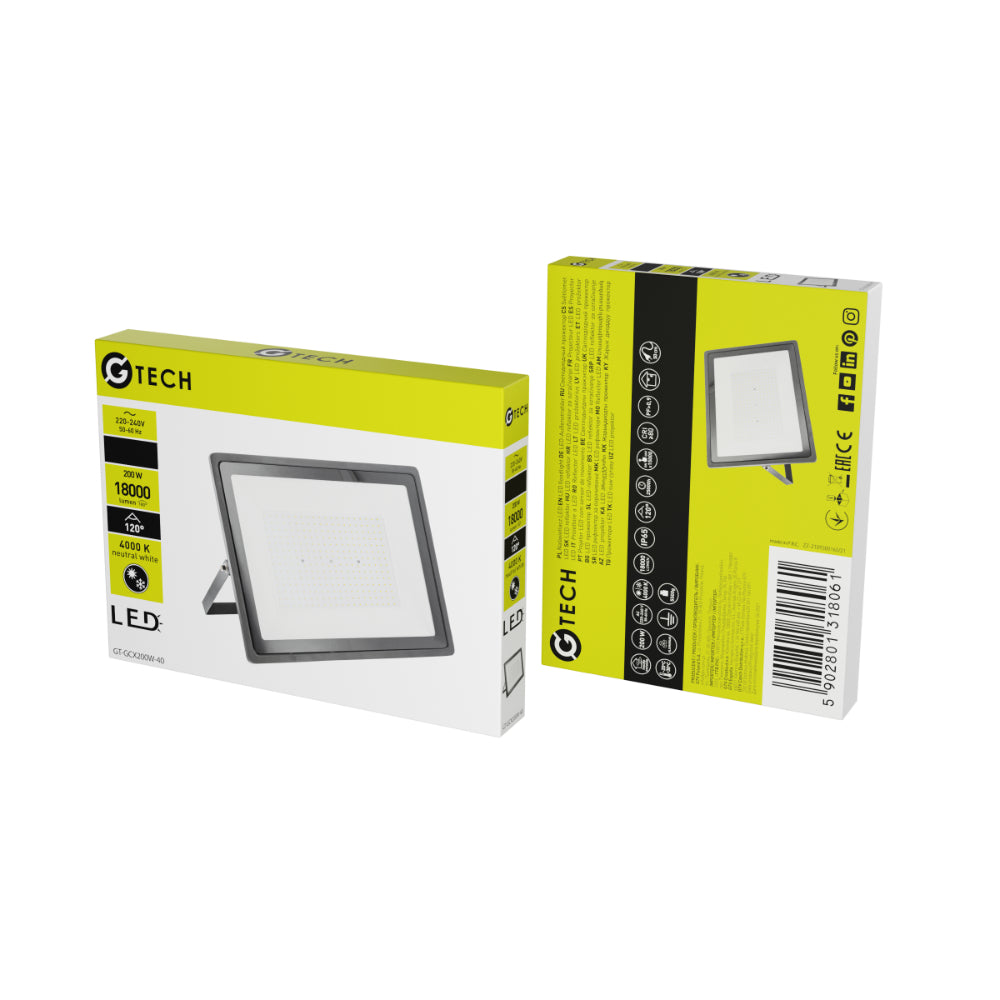 LED Прожектор GTV, G-TECH, IP65, 200 W, 4000K, черен