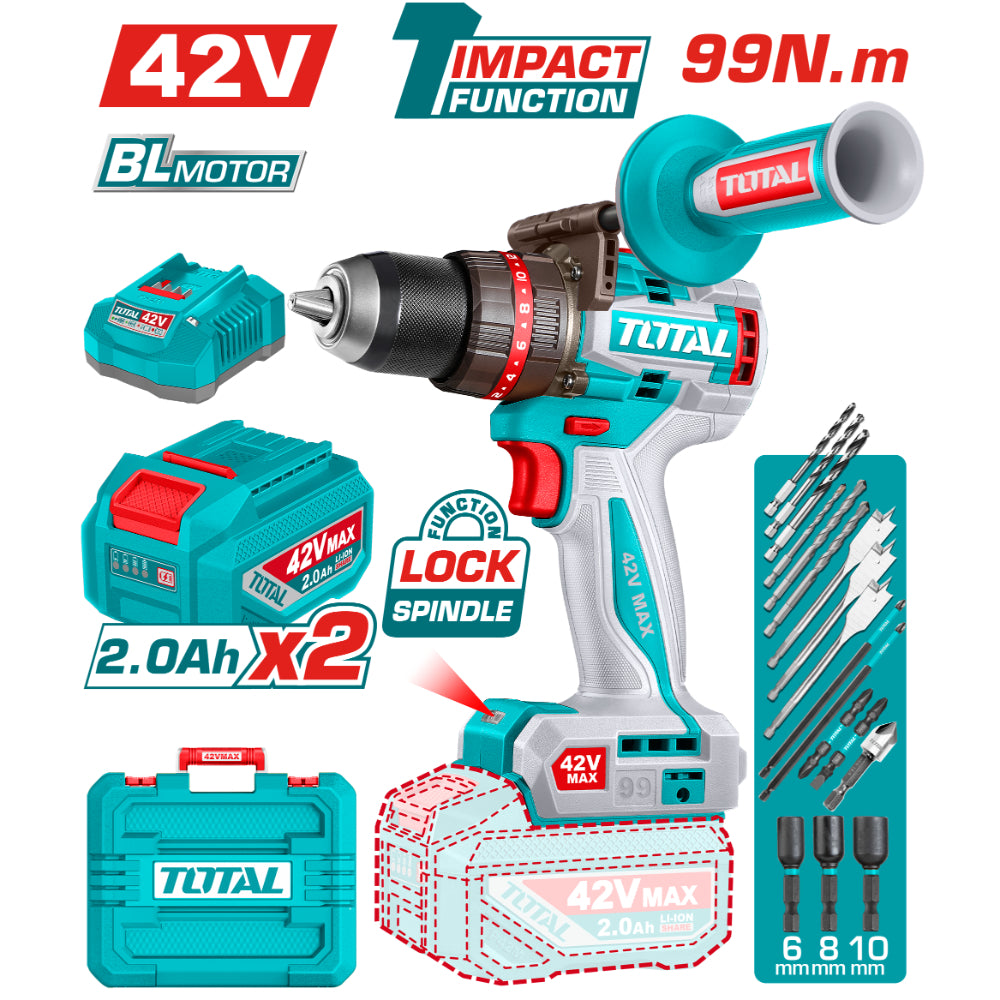 Акумулаторен ударен безчетков винтоверт TOTAL Industrial, 42 V, 2 x 2.0 Ah, 99 Nm, + аксесоари