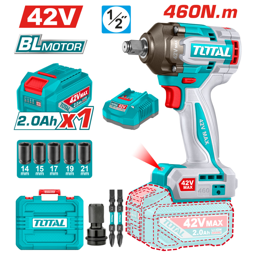 Акумулаторен ударен безчетков гайковерт TOTAL INDUSTRIAL, 1/2", 42 V, 1 х 2 Ah