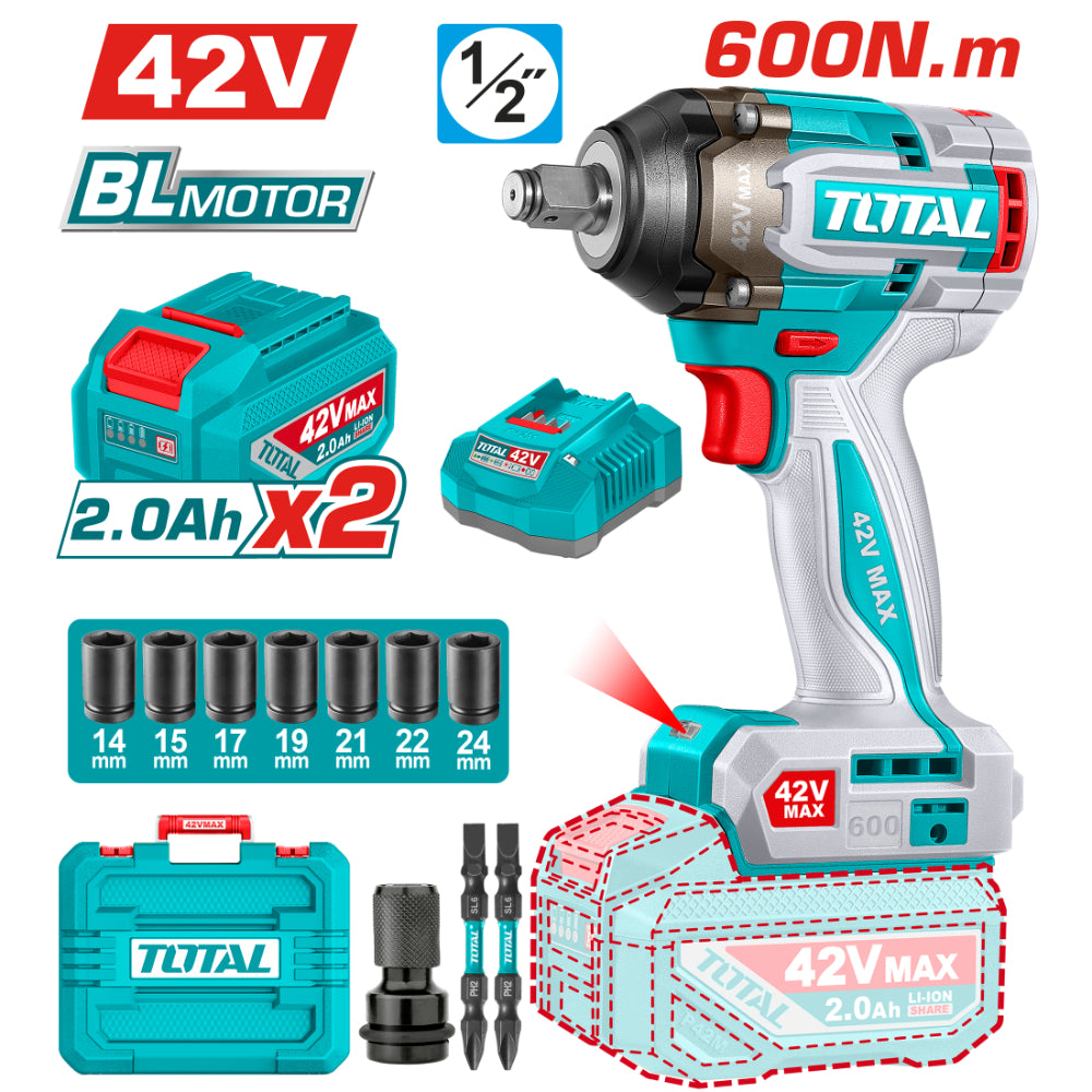 Акумулаторен ударен безчетков гайковерт TOTAL INDUSTRIAL, 1/2", 42 V, 2 х 2 Ah