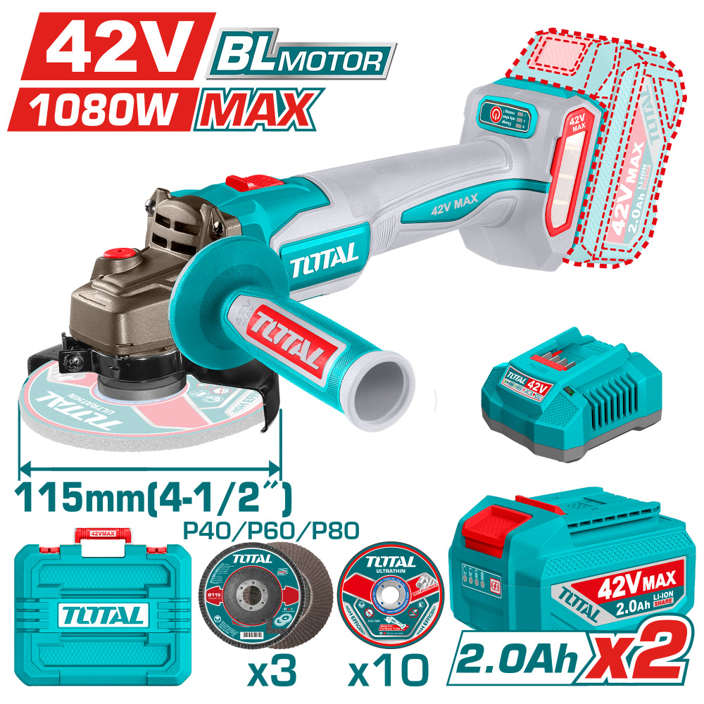 Акумулаторен безчетков ъглошлайф TOTAL TAGLI4108112E, Ø 115 мм, 42 V, 2 x 2 Ah