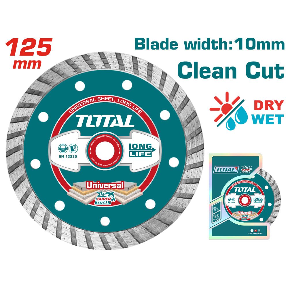 Диамантен диск за сухо рязане TOTAL TURBO, универсален, Ф 125 x 22 x 10 мм