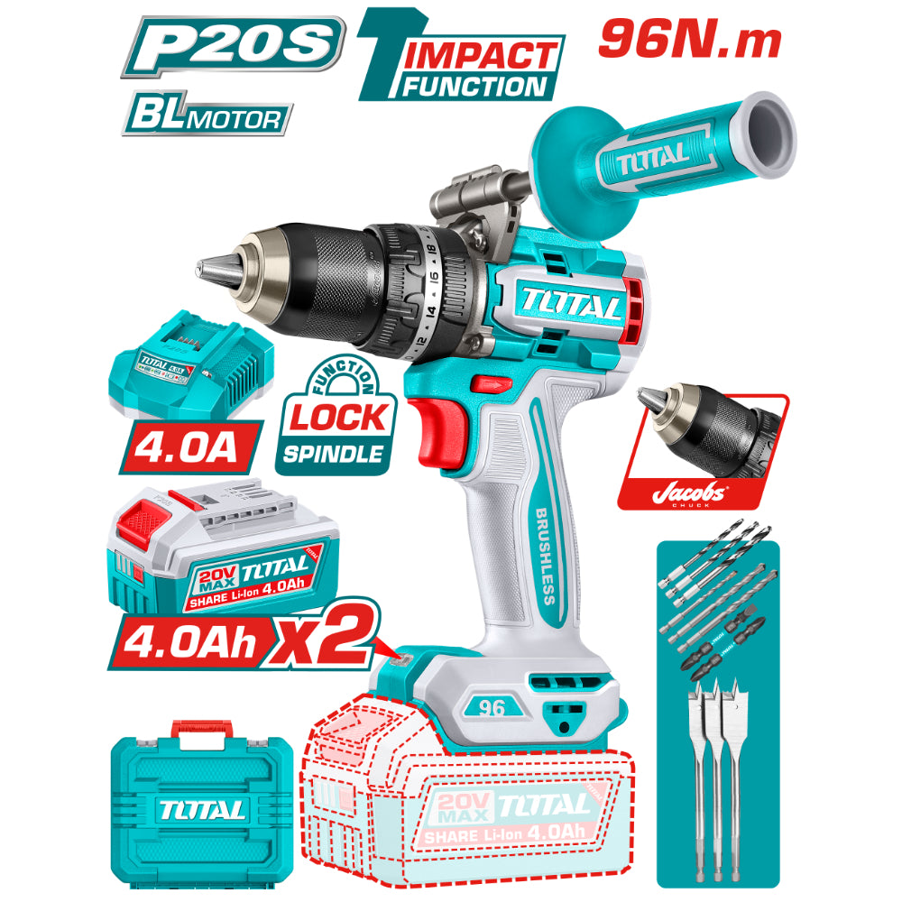 Акумулаторен ударен безчетков винтоверт TOTAL TIDLI209685, 20 V, 96 Nm, 2 x 4 Ah