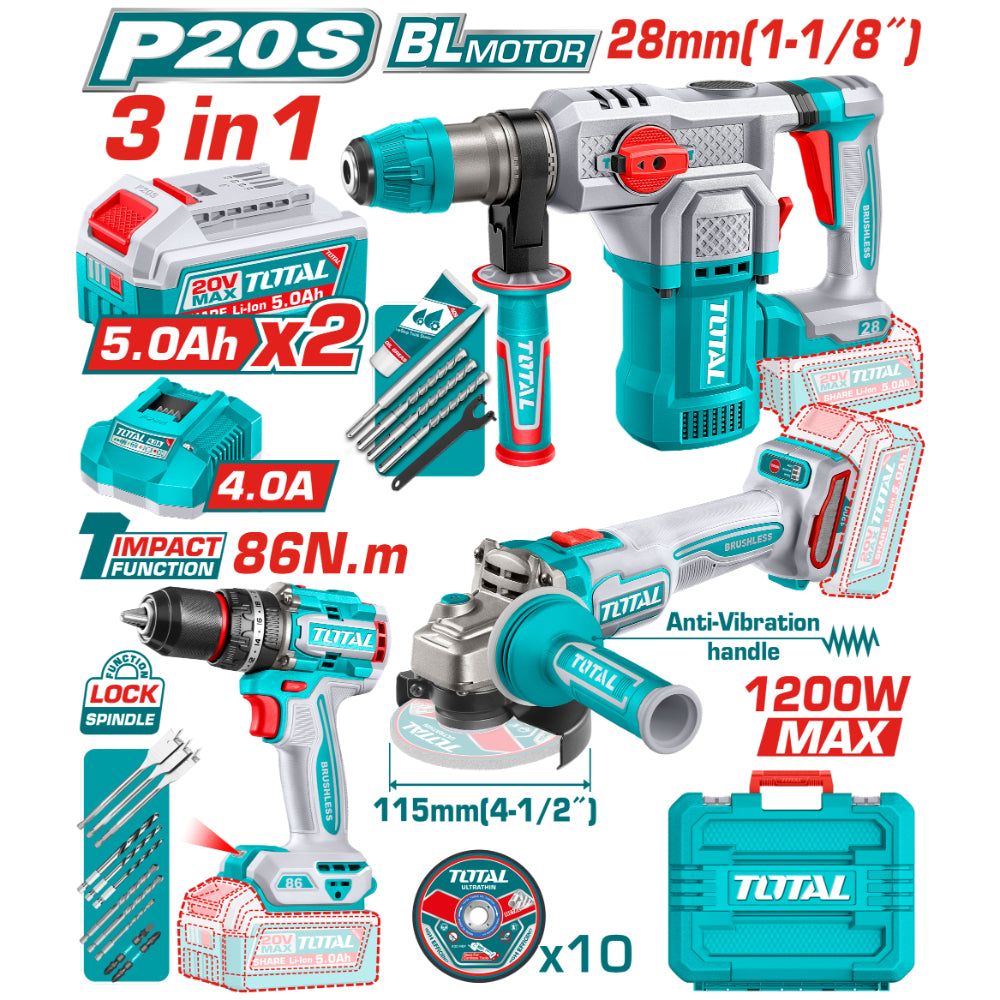 Комплект акумулаторни инструменти TOTAL TOSLI251195E, 20 V, 2 x 5 Ah