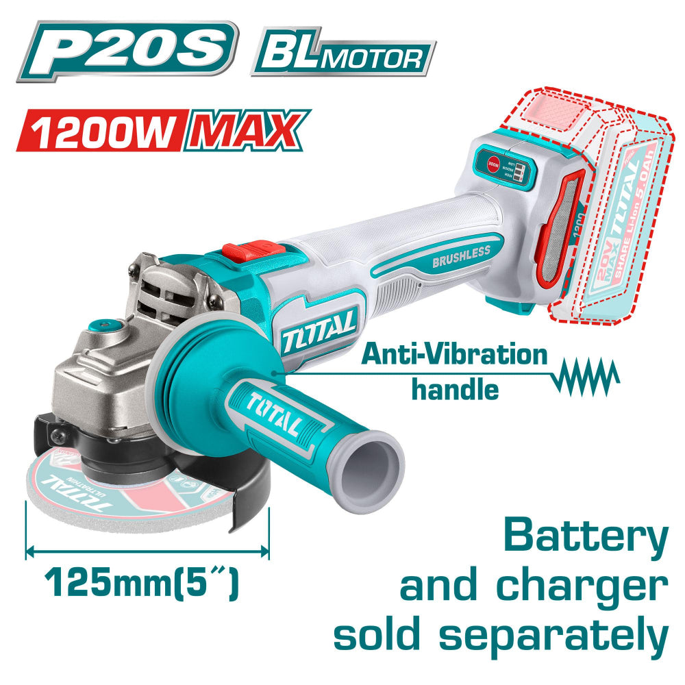 Акумулаторен безчетков ъглошлайф TOTAL TAGLI212027E, 20 V, Ф 125 мм, без батерия