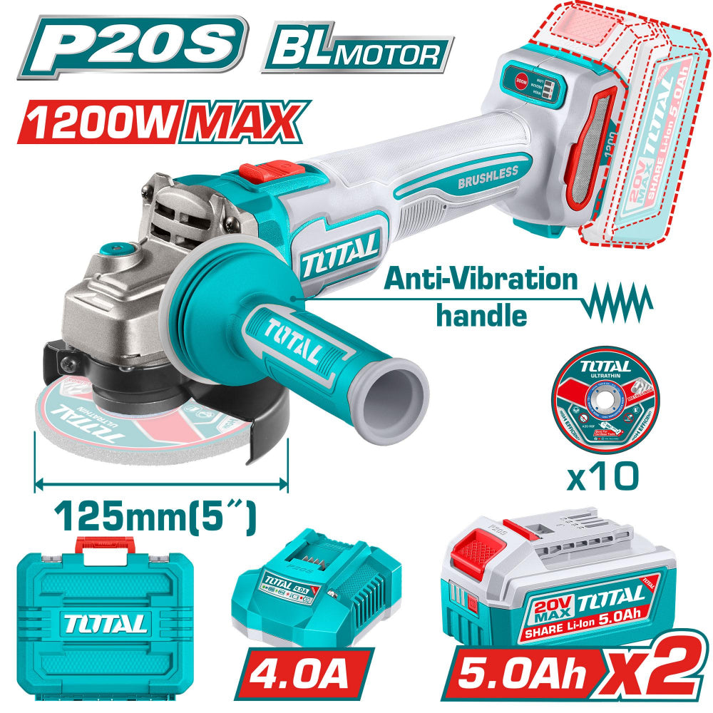 Акумулаторен безчетков ъглошлайф TOTAL TAGLI2120272E, 20 V, Ф 125 мм, 2 x 5 Ah