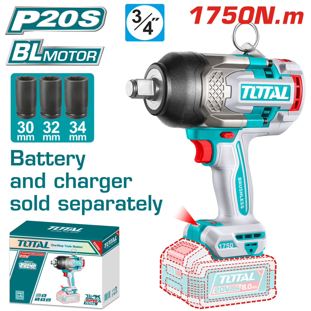 Акумулаторен ударен безчетков гайковерт TOTAL INDUSTRIAL, 3/4", 20 V, без батерия