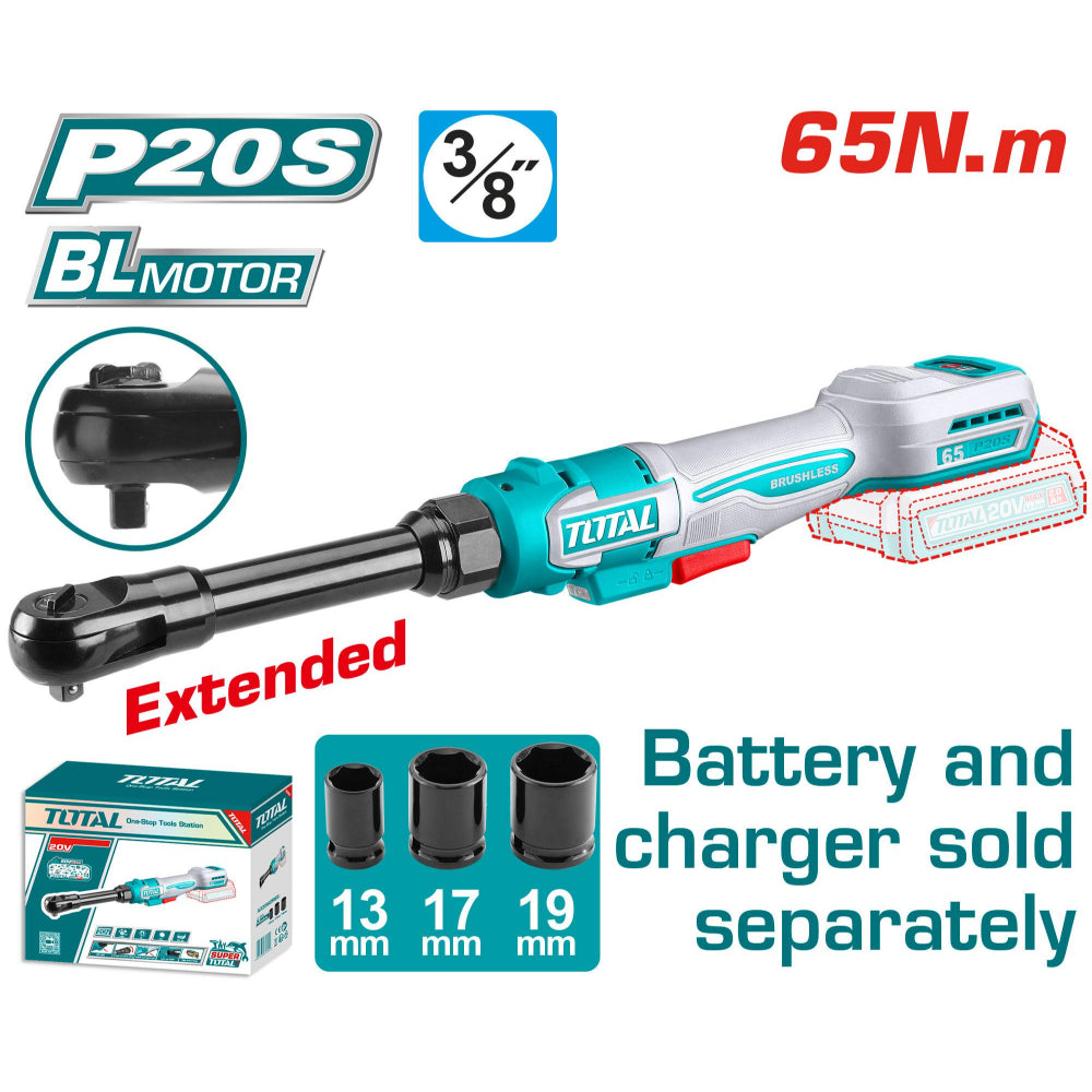 Акумулаторна удължена тресчотка TOTAL INDUSTRIAL, 3/8", 20 V, 65 Nm, без батерия