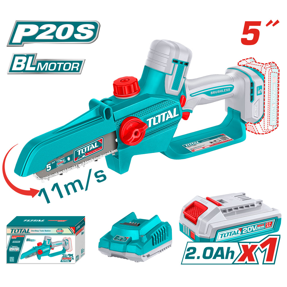 Акумулаторен мини верижен трион TOTAL INDUSTRIAL, 13 cm, 1 x 2 Ah
