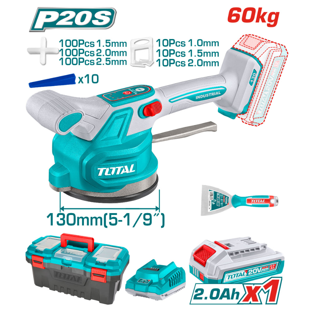 Акумулаторна вибрираща вендуза за плочки TOTAL INDUSTRIAL, 20 V, 1 x 2 Ah