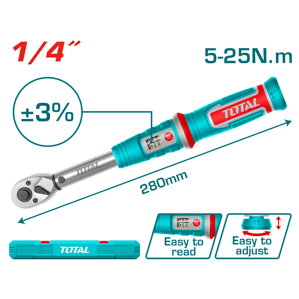 Ключ динамометричен TOTAL INDUSTRIAL, 1/4", 5 - 25 Nm