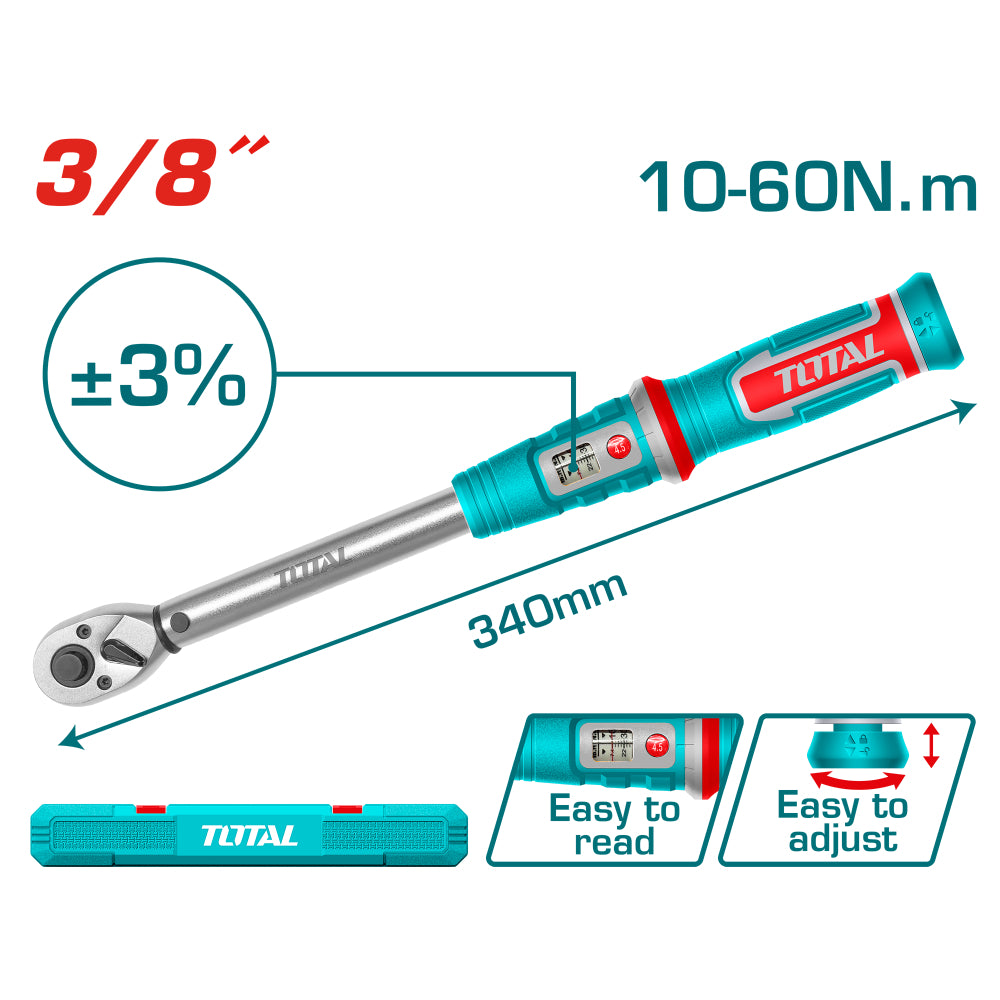 Ключ динамометричен TOTAL INDUSTRIAL, 3/8", 10 - 60 Nm