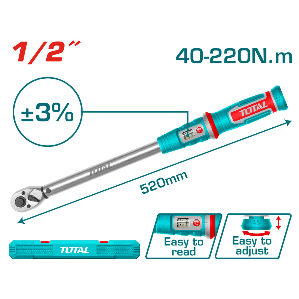 Ключ динамометричен TOTAL INDUSTRIAL, 1/2", 40 - 220 Nm