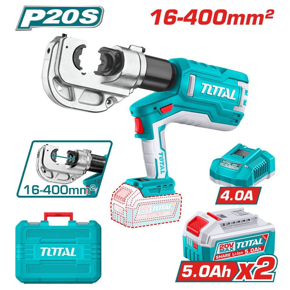Акумулаторна хидравлична преса за кримпване TOTAL INDUSTRIAL, 20 V, 2 x 5 Ah