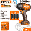 Акумулаторен ударен безчетков гайковерт RICOTA, 1/2", 25 V, 900 Nm, без батерия