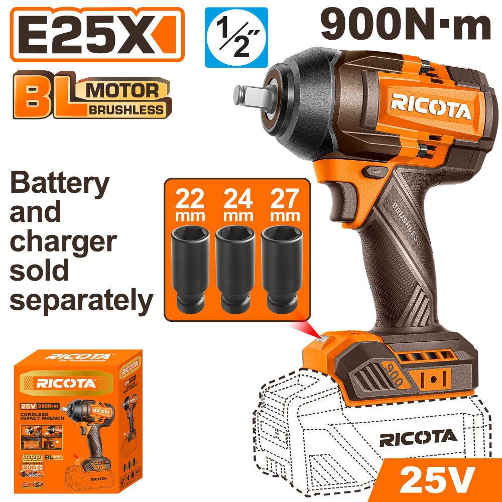Акумулаторен ударен безчетков гайковерт RICOTA, 1/2", 25 V, 900 Nm, без батерия