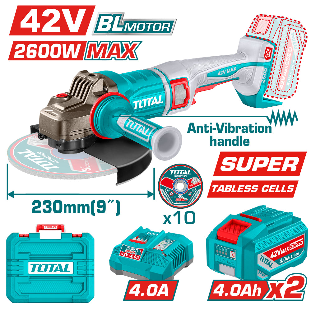 Акумулаторен безчетков ъглошлайф TOTAL INDUSTRIAL, 42 V, Ф 230 мм, 2 x 4 Ah