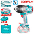 Акумулаторен ударен безчетков гайковерт TOTAL INDUSTRIAL, 1/2", 20 V, 1000 Nm, 2 x 5.0 Ah