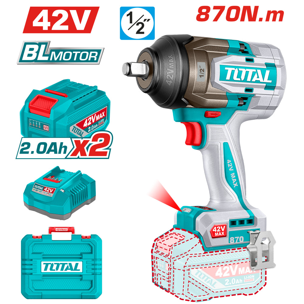 Акумулаторен ударен безчетков гайковерт TOTAL INDUSTRIAL, 1/2", 42 V, 870 Nm, 2 х 2.0 Ah
