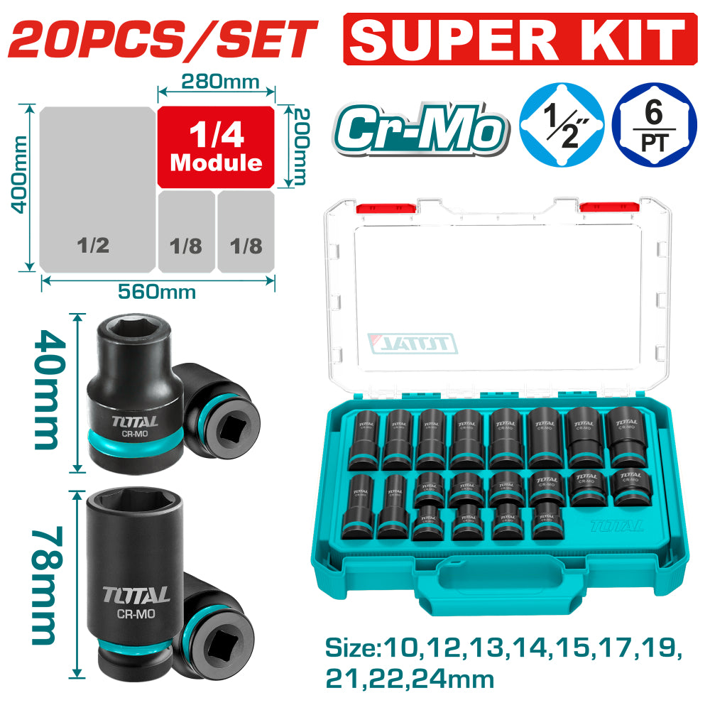 Комплект шестостенни ударни вложки TOTAL, CrMo, 1/2", 20 части