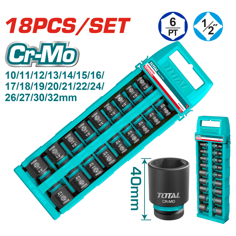 Комплект шестостенни ударни вложки TOTAL, CrMo, 1/2", 18 части