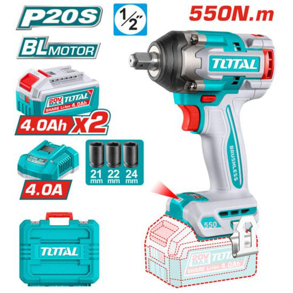 Акумулаторен ударен безчетков гайковерт TOTAL INDUSTRIAL, 1/2", 20 V, 550 Nm, 2 х 4 Ah