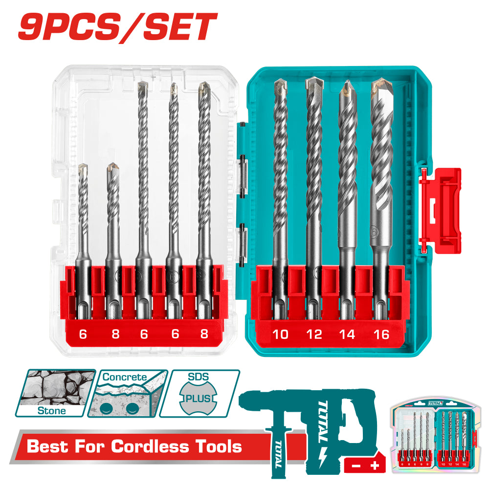 Комплект свредла за бетон TOTAL INDUSTRIAL, SDS Plus, 9 бр., Ø6 - Ø16 mm