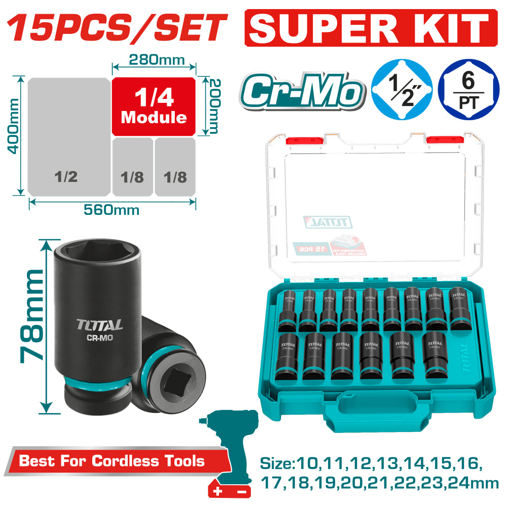 Комплект удължени шестостенни ударни вложки TOTAL, CrMo, 1/2", 15 части