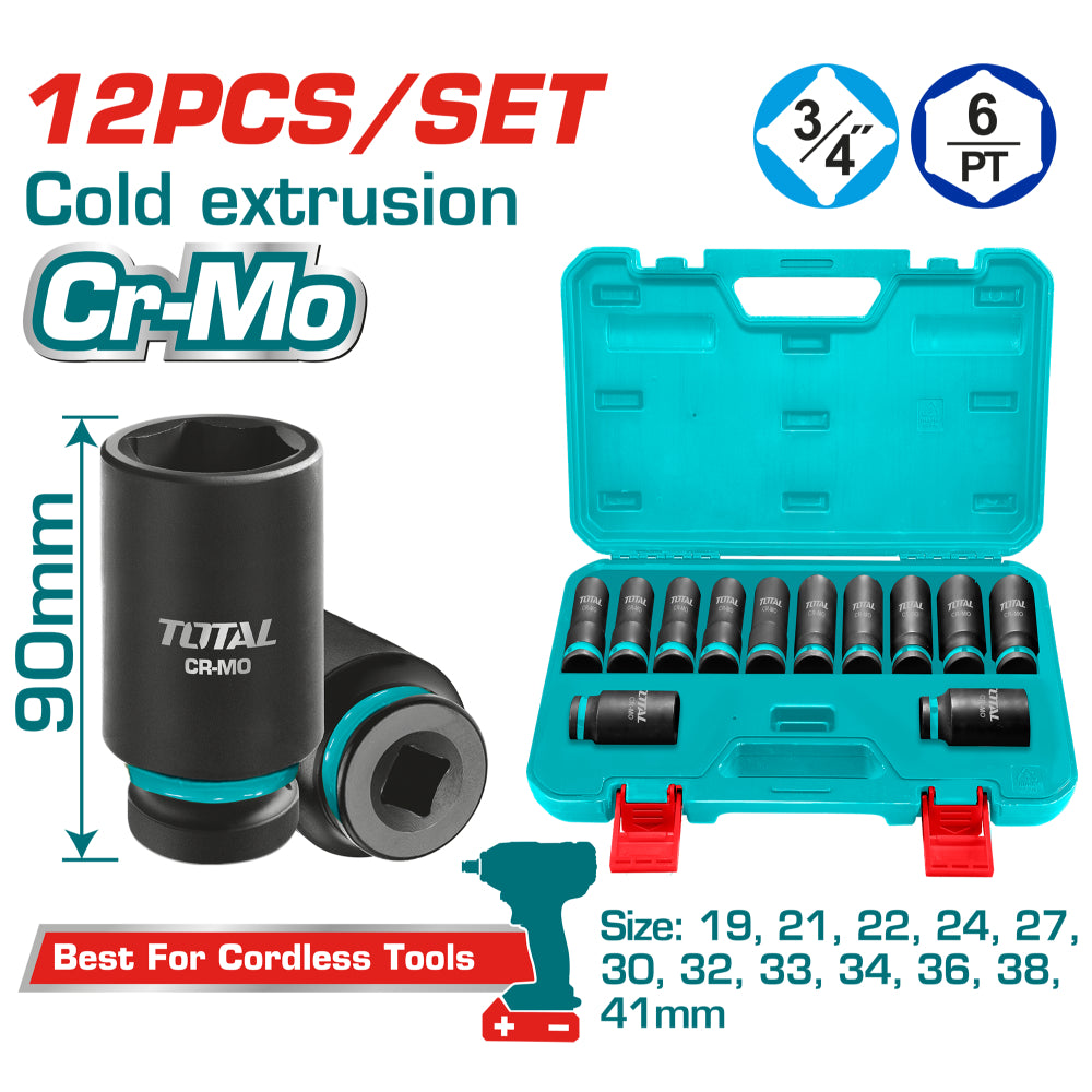 Комплект удължени шестостенни ударни вложки TOTAL, CrMo, 3/4", 12 части
