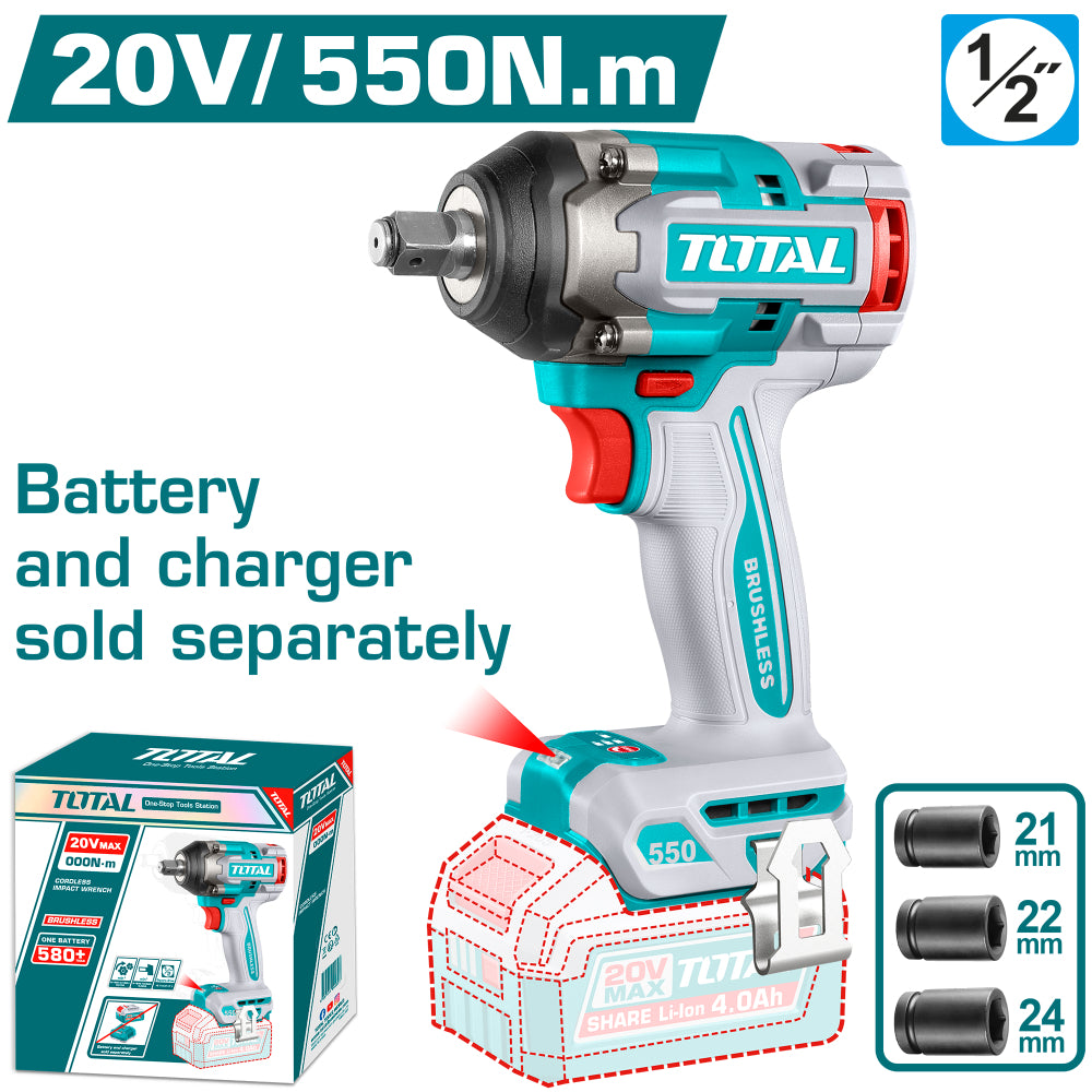 Акумулаторен ударен безчетков гайковерт TOTAL INDUSTRIAL, 1/2", 20 V, 550 Nm, без батерия