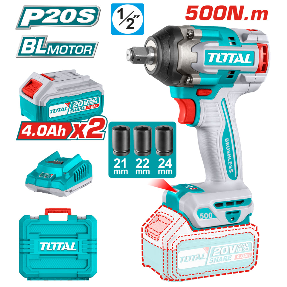 Акумулаторен ударен безчетков гайковерт TOTAL INDUSTRIAL, 1/2", 20 V, 500 Nm, 2 х 4 Ah